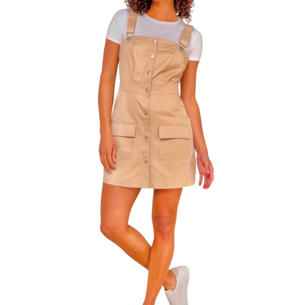 Lulus Womens XL Khaki Button Front Utility Dress Sleeveless Pockets Casual‎ NWT